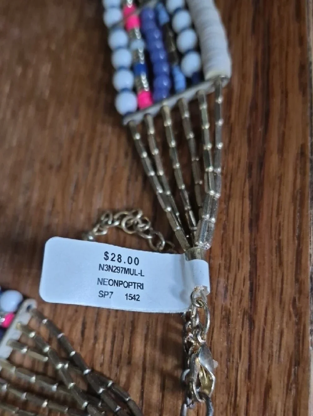 Multi-Strand Beaded Necklace in Blue, White & Pink with Gold Accents